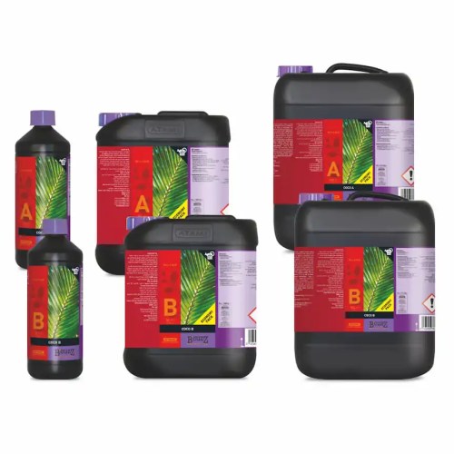 Set de nutrientes base A y B para el desarrollo completo de plantas cultivadas en coco.
