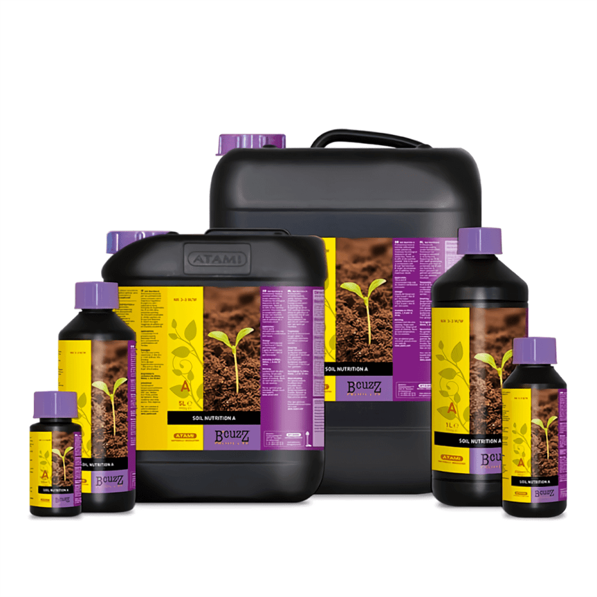 Fertilizante bicomponente B'cuzz Soil A&B de Atami para todo el ciclo de cultivo en tierra.