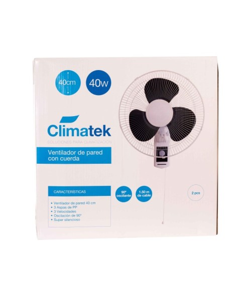 Detalle de las cuerdas de control y el motor reforzado del ventilador de pared Climatek.