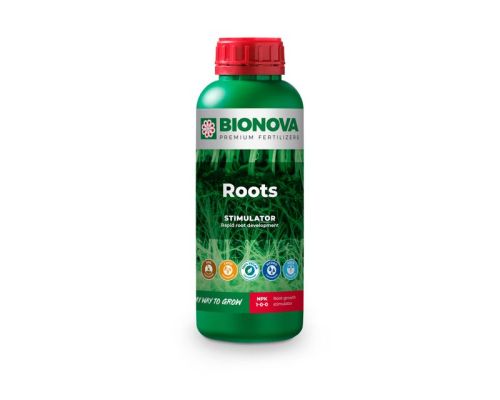 Botella de Bio Nova BN Roots, complejo bioestimulante para el desarrollo de raíces y resistencia al estrés.