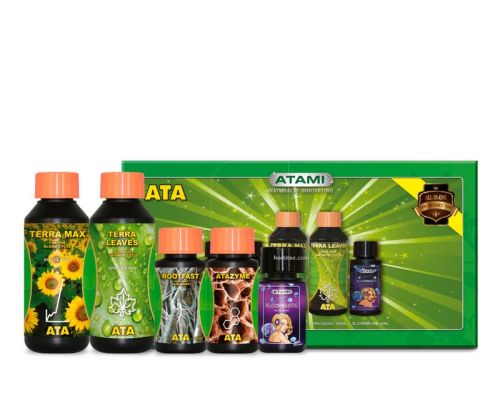 Micro Kit ATA Tierra de Atami, caja con fertilizantes base y estimuladores para cultivo en suelo.