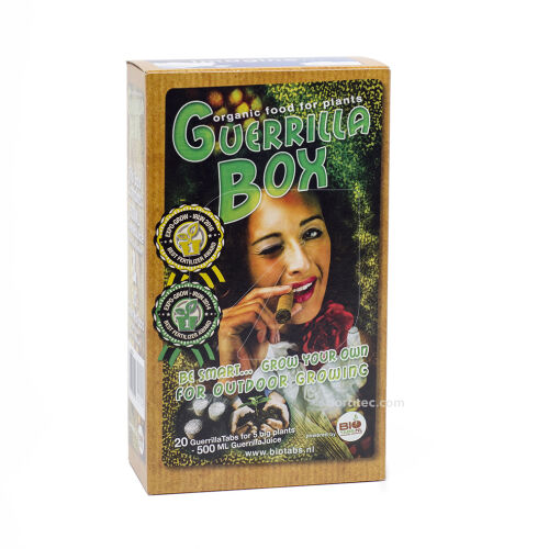 Contenido del kit Guerrilla Box: 20 pastillas Guerrilla Tabs y 500 ml de Guerrilla Juice.
