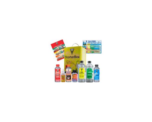 Todos los productos del kit Hesi Hydro organizados para un ciclo de cultivo desde raíz a cosecha.