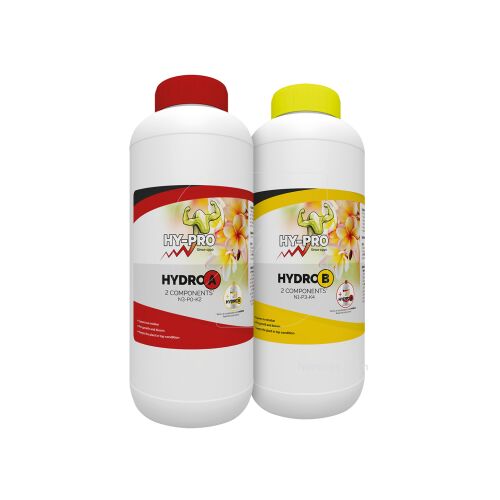 Sistema de nutrición hidropónica Hy-Pro A+B para una absorción de nutrientes máxima y limpia.