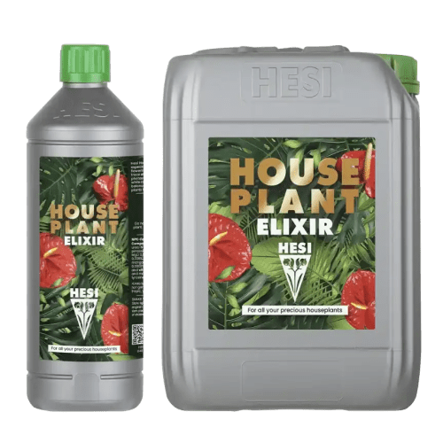 Aplicación de House Plant Elixir para mejorar la salud y el color de las hojas en plantas de maceta.