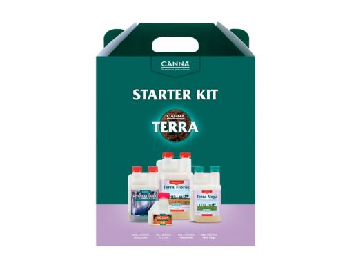 Conjunto de productos Canna Terra Starter Kit: Vega, Flores, Rhizotonic, Cannazym y Boost.