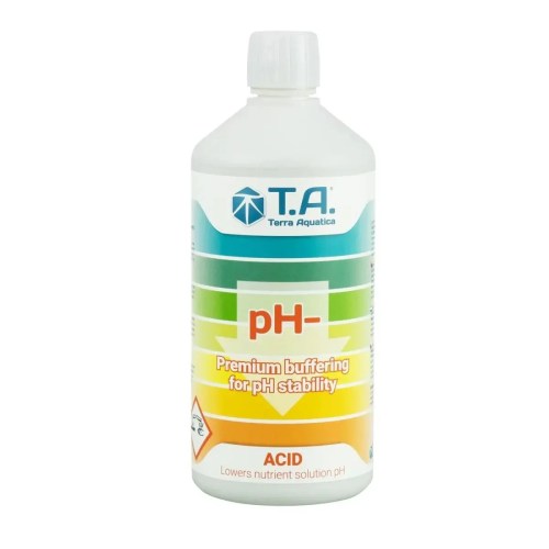 terra-aquatica-ph-down-corrector-acido-estable Medicion de pH en solución nutritiva corregida con pH Down de Terra Aquatica.