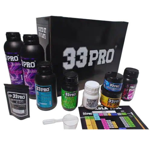 Detalle de los envases incluidos en el Starter Box 33Pro, incluyendo bases de nutrición y estimuladores de floración.