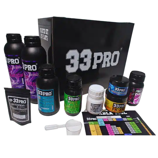 Detalle de los envases incluidos en el Starter Box 33Pro, incluyendo bases de nutrición y estimuladores de floración.