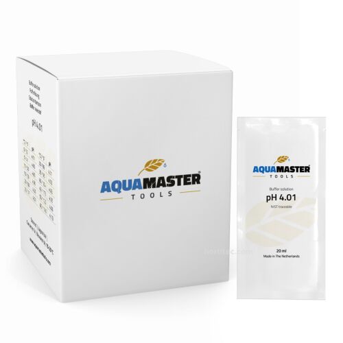 Líquido calibrador profesional pH 4.01 de la marca Aqua Master Tools en formato monodosis.