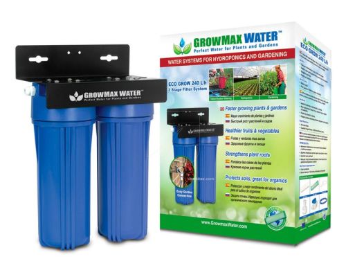 Unidad Eco Grow de GrowMax Water instalada para la eliminación de cloro y sedimentos en el riego.
