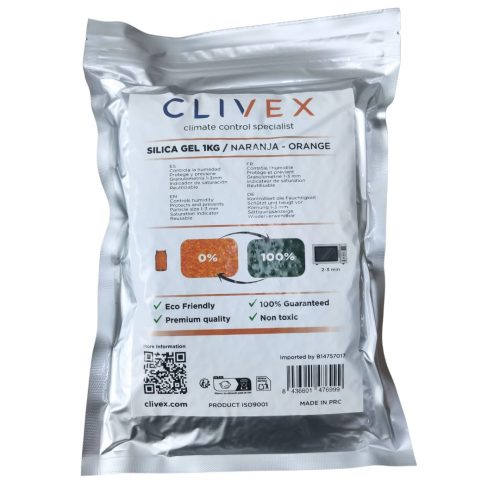 Envase de 1Kg de perlas de gel de sílice naranja Clivex para deshumidificación.