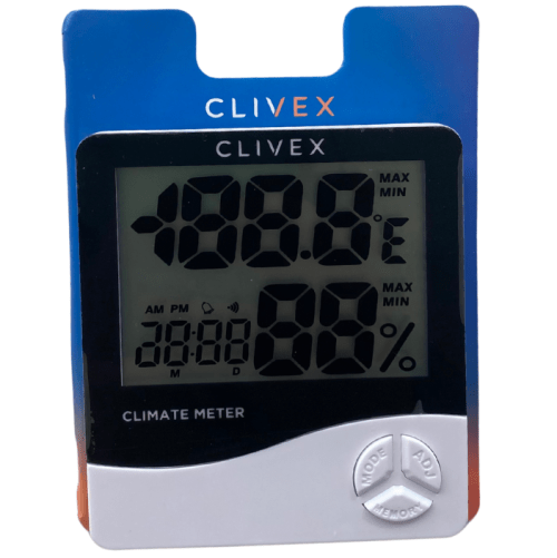 Pantalla digital del medidor de clima Clivex mostrando niveles de humedad y temperatura en tiempo real.