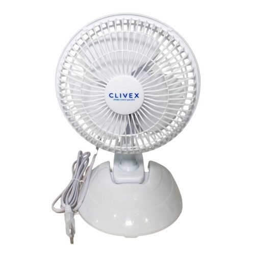 Ventilador compacto Clivex con pinza de sujeción y base de sobremesa intercambiable.