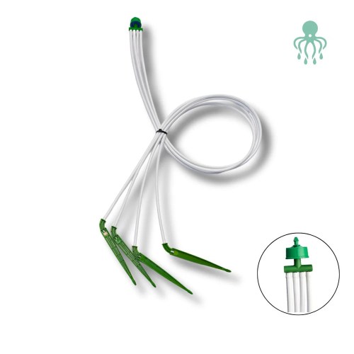 Sistema de distribución de riego Netadrip Hydra de 4 salidas con divisor central y piquetas de fijación.