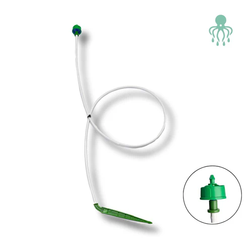 Detalle del emisor Netadrip Hydra con microtubo de 90cm y piqueta para riego localizado.