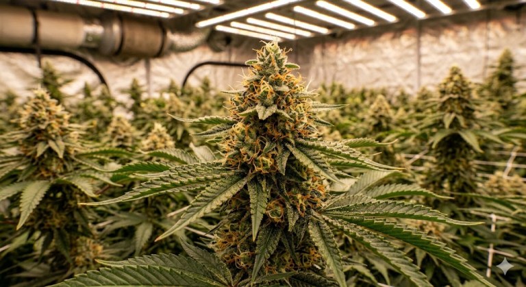 Planta de cannabis en fase de floración avanzada con tricomas lechosos y cogollos densos